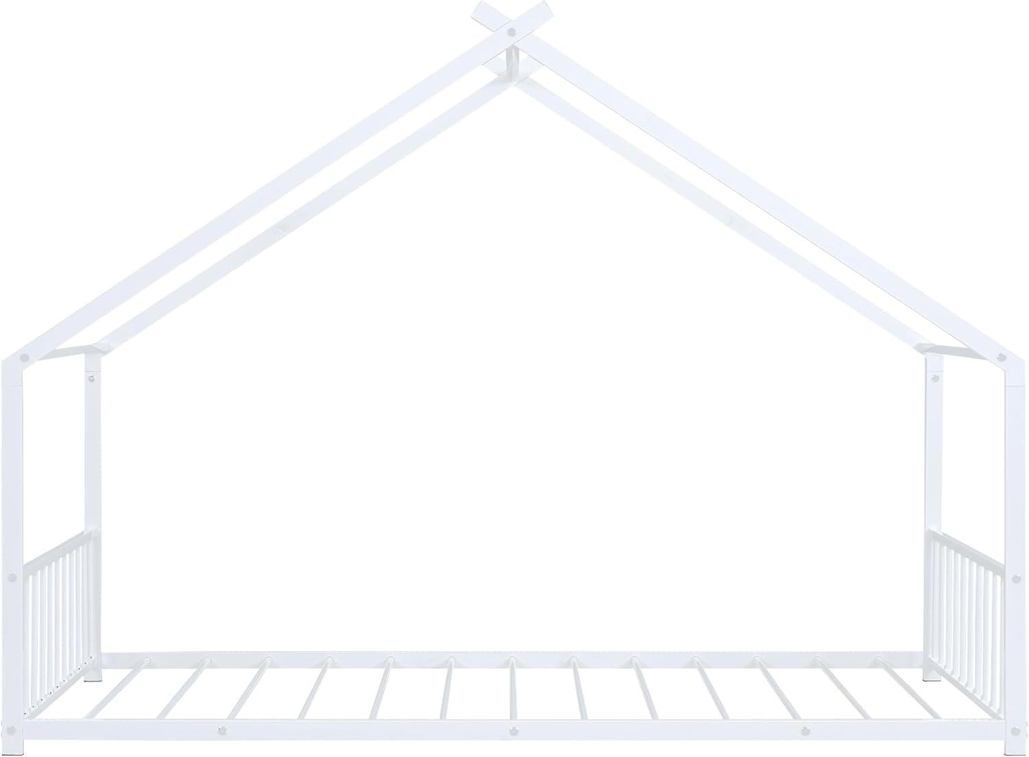 Gewnee Twin Size House Bed with Roof and Fence,Metal Montessori Platform Bed for Toddle and Kids,White