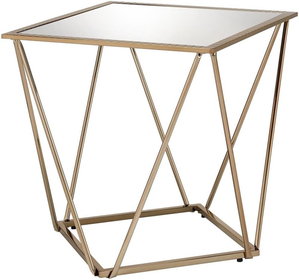 22" Mirrored Champagne Gold Geometric Metal End Table