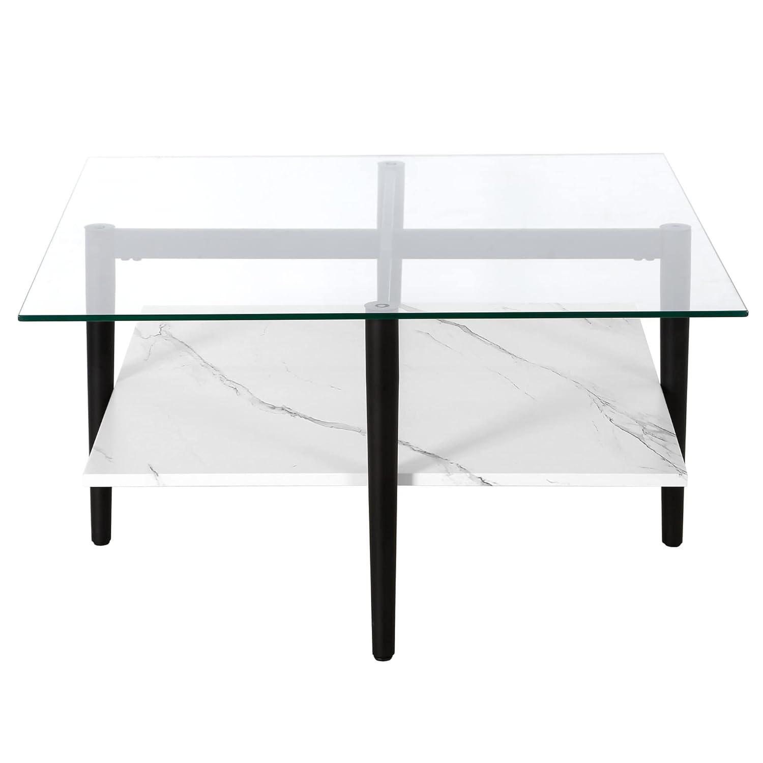 Evelyn&Zoe Otto 32" Wide Square Coffee Table with Faux Marble Shelf, Blackened Bronze