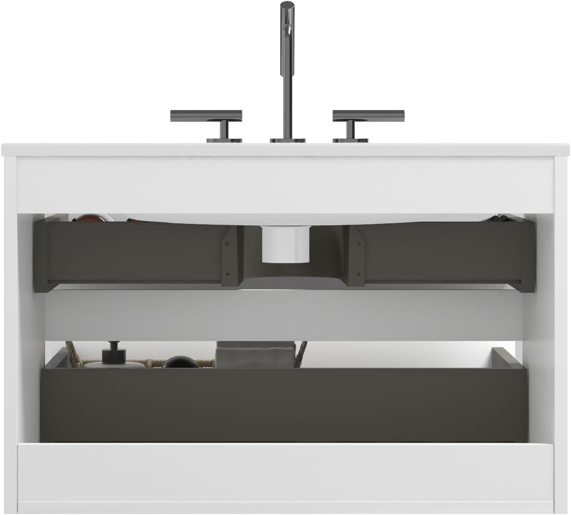 Little Tulip 30" Floating Bathroom Vanity with 3-Hole Ceramic Sink, Contemporary Bathroom Cabinet with 2 Drawers, White