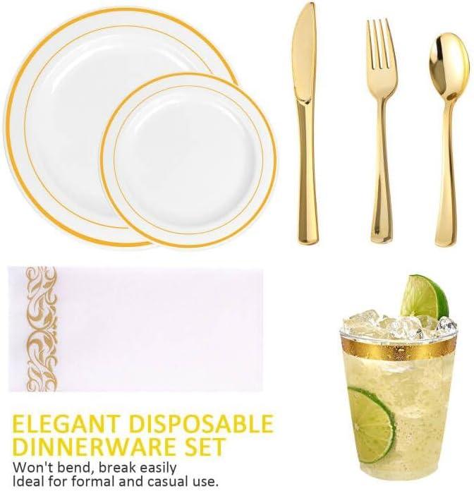 FOCUSLINE 350 Piece Gold Rim Dinnerware Set, Disposable Plastic Plates for Party or Wedding-100 Plastic Plates-50 Plastic Silverware-50 Plastic Cups-50 Linen Feel Napkins(50 Guest)