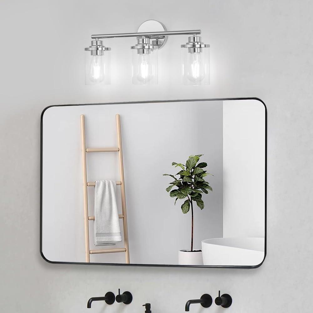 3-Light Bathroom Light Fixtures, Brushed Nickel Vanity Light, Farmhouse Wall Lights with Clear Glass Shade, Bathroom Wall Lamp for Mirror Kitchen Bedroom Hallway Living Room Hallway Cabinet