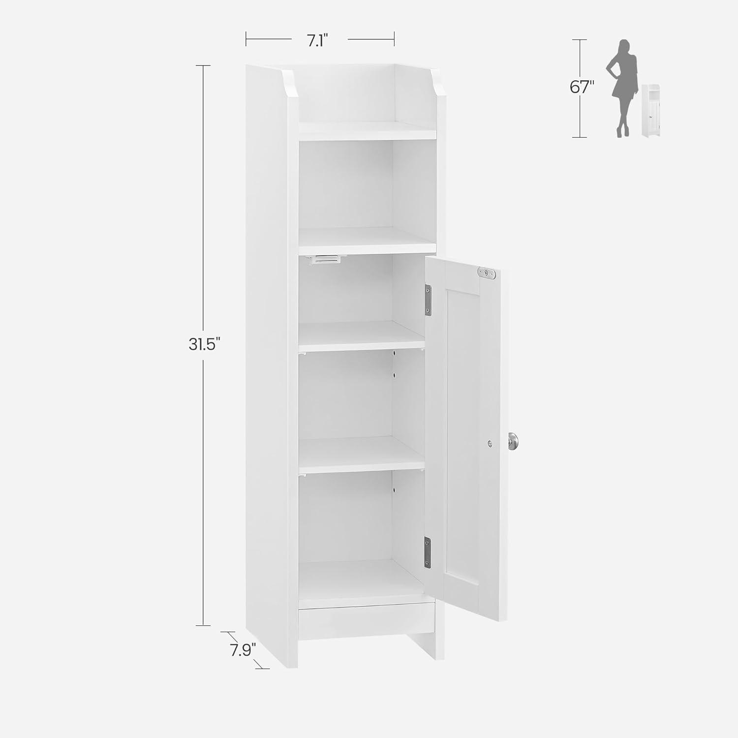 White MDF Narrow Bathroom Storage Cabinet with Adjustable Shelves
