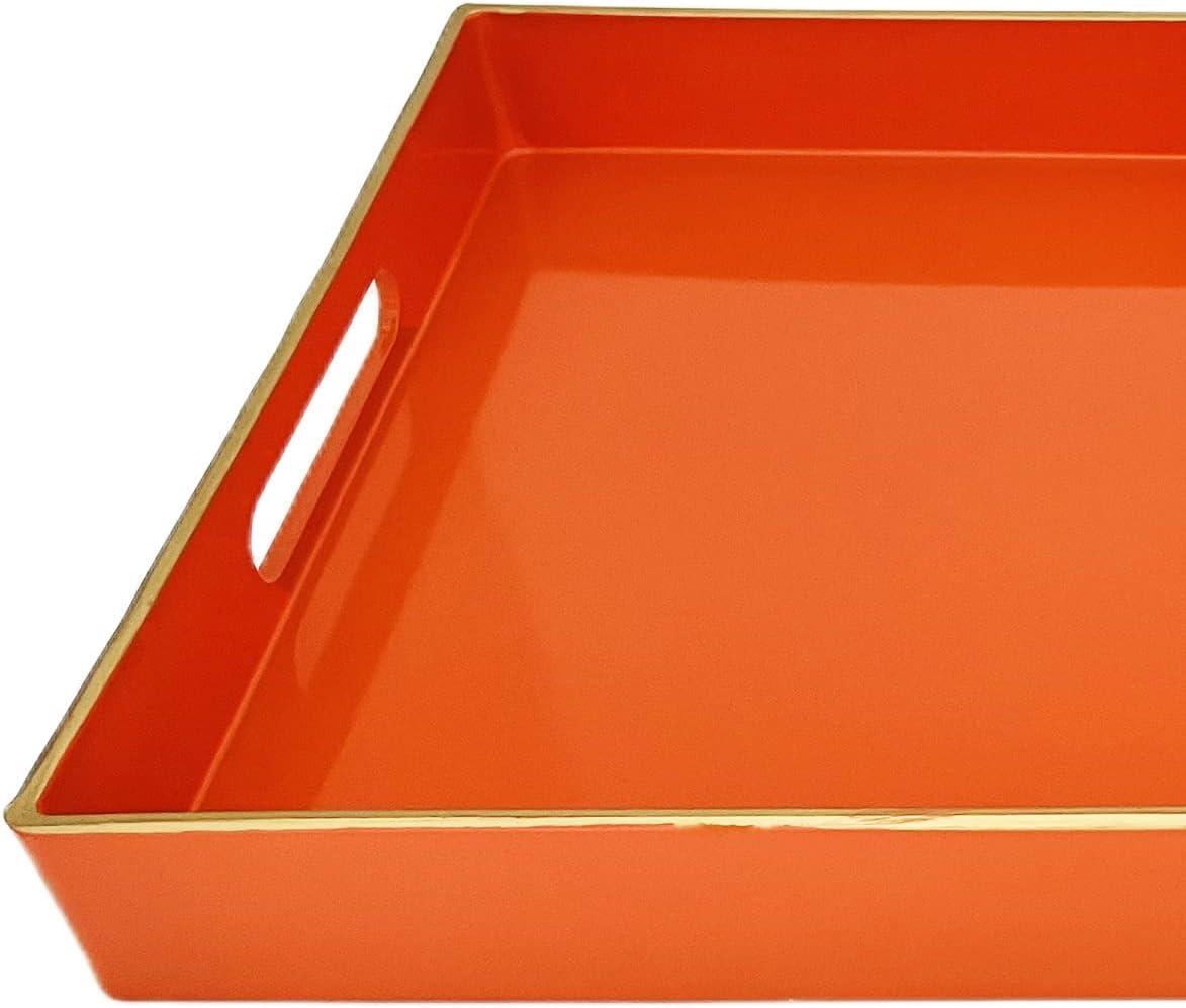 MAONAME Decorative Tray, Orange Serving Tray with Handles, Coffee Table Tray, Square Plastic Tray for Ottoman, Bathroom, Kitchen, 13"x13"x1.57"