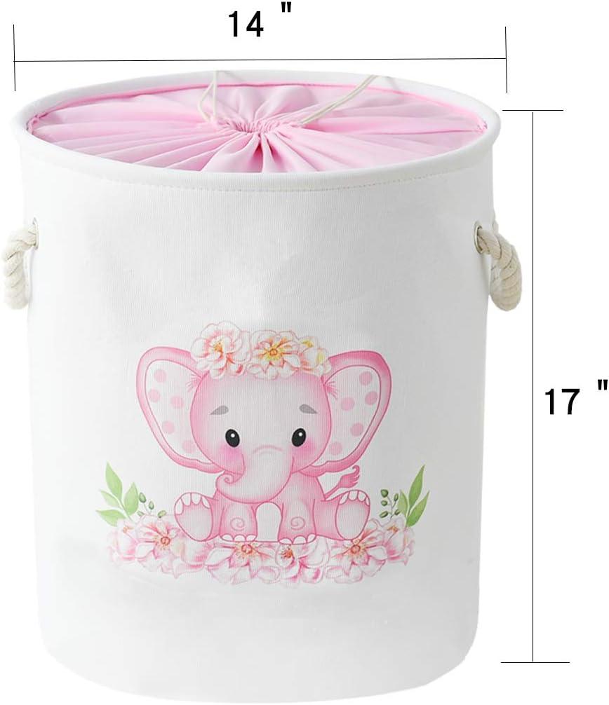 Pink Elephant Collapsible Kids Laundry Hamper with Handles