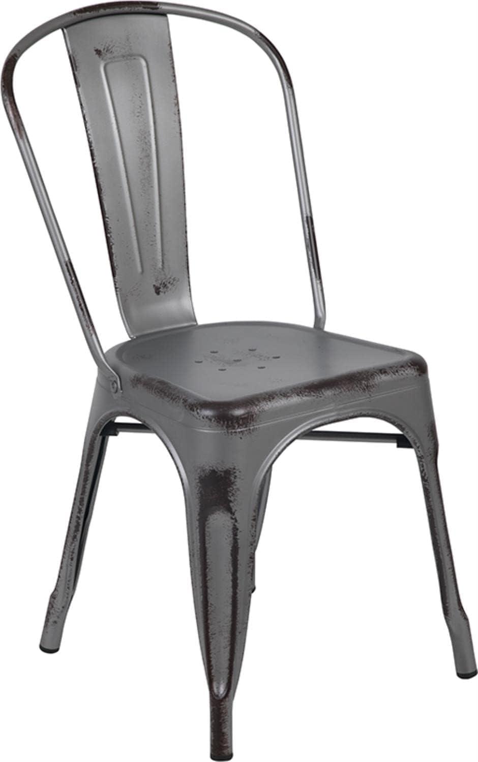 Distressed Silver Gray Metal Indoor-Outdoor Stackable Armless Chair