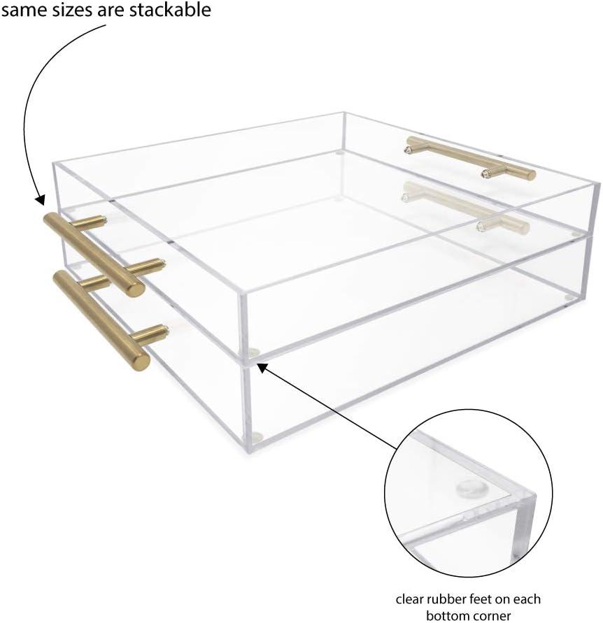 12"x12" Clear Acrylic Serving Tray with Golden Handles, Huge Capacity Sturdy Acrylic Tray for Coffee, Juice, Kitchen and Desk Organizer, Storage Tray (12"x12")