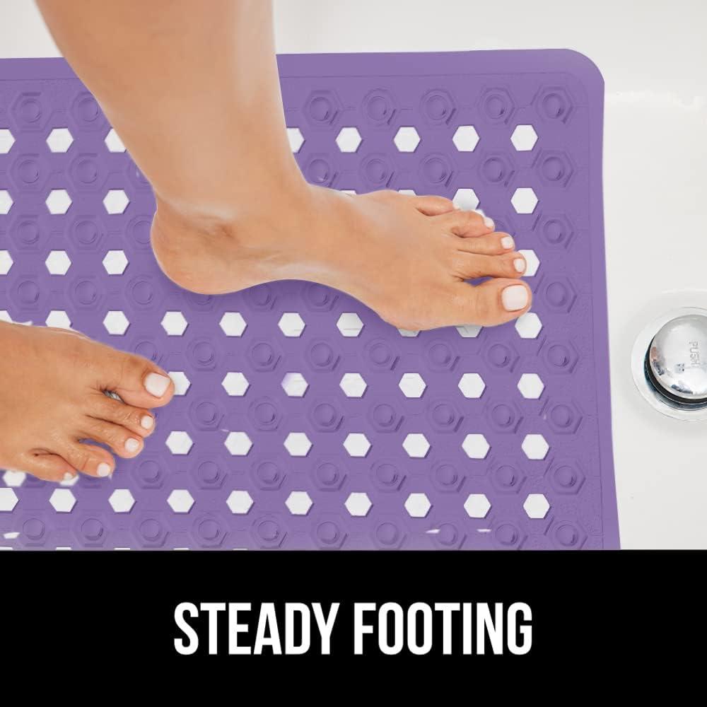 GORILLA GRIP Patented Bath Tub Shower Mat, Machine Washable Bathtub Floor Liner Mats, Suction Cups and Drain Holes to Keep Tubs Clean, Soft on Feet, Bathroom Essentials, 35x16 Inch, Purple Opaque