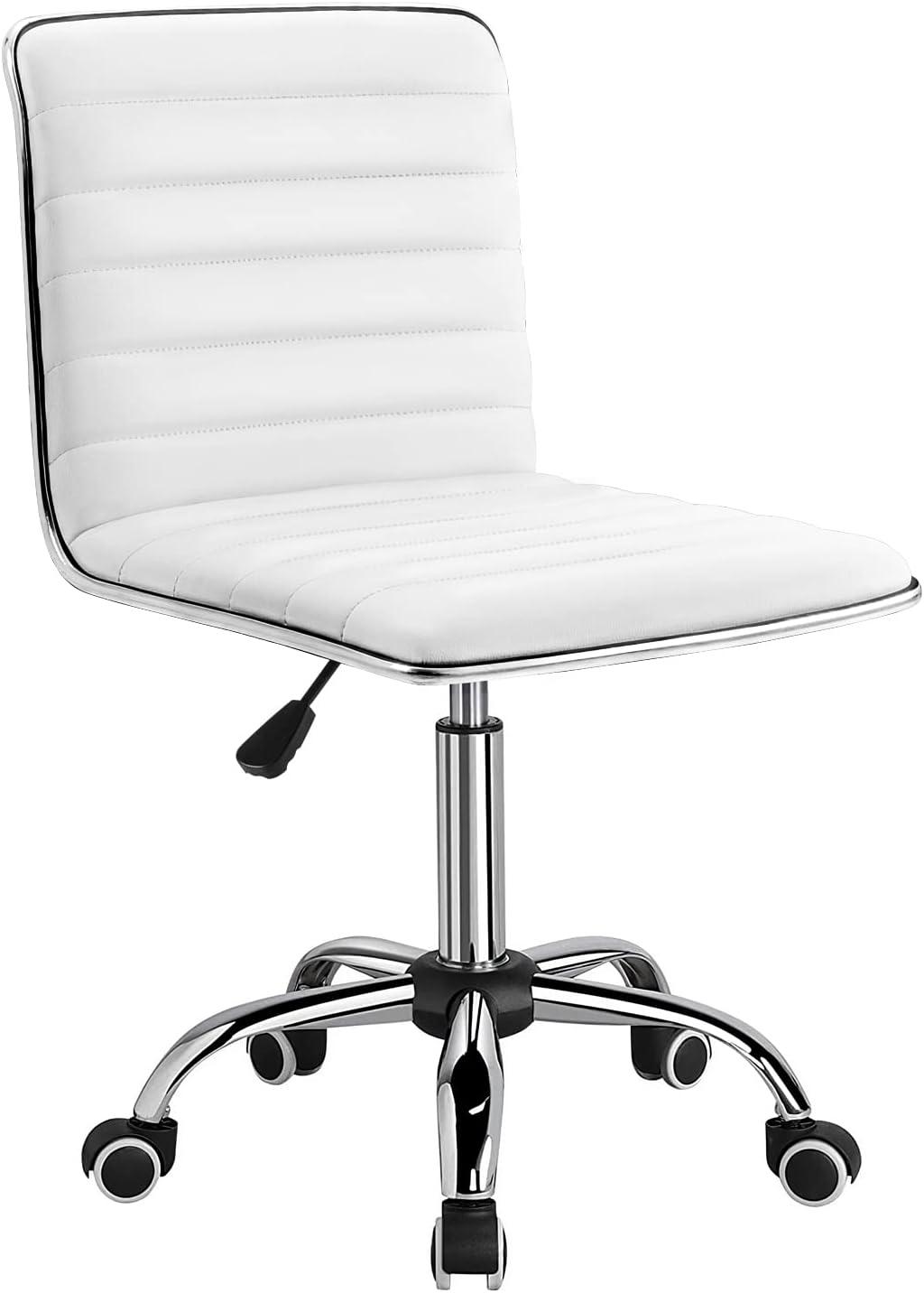 Furmax Leather Swivel Office Chair - Mid Back Vanity Chair for Makeup Desk, Armless Ribbed Task Chair with Ergonomic Support (White)