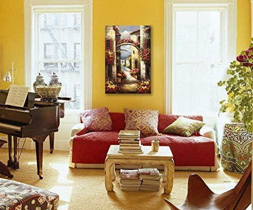 Paimuni 100% Hand Painted Canvas Wall Art Italy Town Mediterranean Tuscany Sea Coast Flowers Oil Painting Stretched and Framed Ready to Hang Landscape Scenery Wall Decor 24x36 Inch