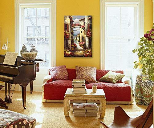 Paimuni 100% Hand Painted Canvas Wall Art Italy Town Mediterranean Tuscany Sea Coast Flowers Oil Painting Stretched and Framed Ready to Hang Landscape Scenery Wall Decor 24x36 Inch
