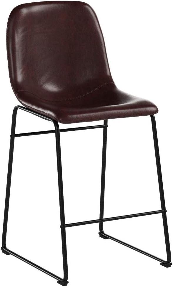 Brown Faux Leather Industrial Counter Height Stools with Metal Frame, Set of 2