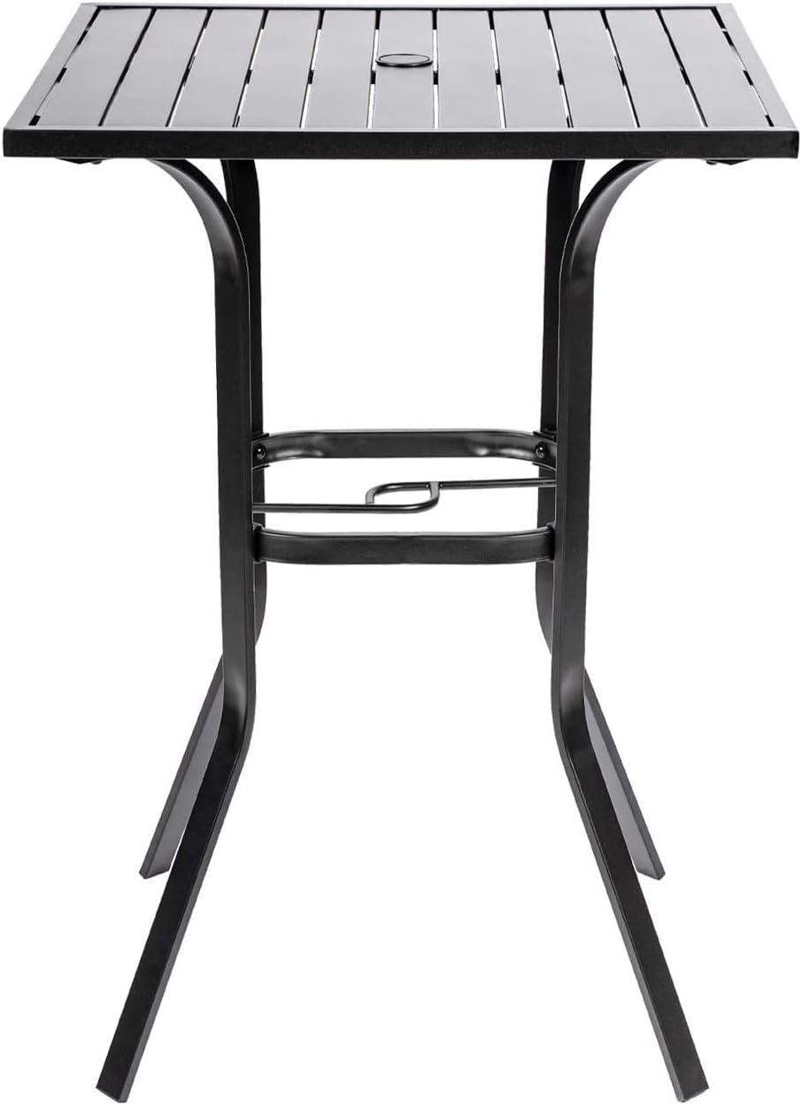 Patio Height Bar Table, Outdoor Bistro Square High Top Dining Table with 1.57'' Umbrella Hole & Steel Slat Table Top (Black)