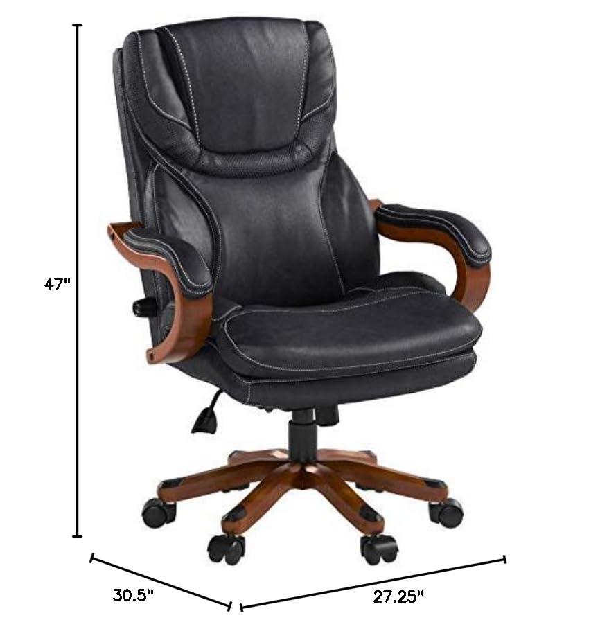 Executive Office Chair in Black Bonded Leather - Serta: High-Density Foam, Fixed Arms, Wood Frame
