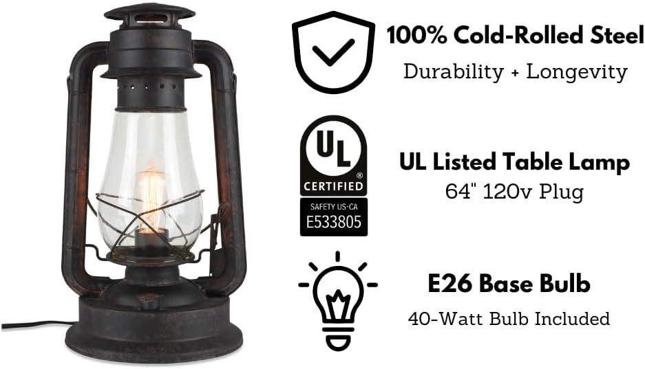 Muskoka Lifestyle Products Rustic Farmhouse Lantern Table Lamp: Dimmable, Edison Bulb, Line Cord Dimmer - Large Body, Rustic Finish, UL USA/ULC Canada Safety Listed USA