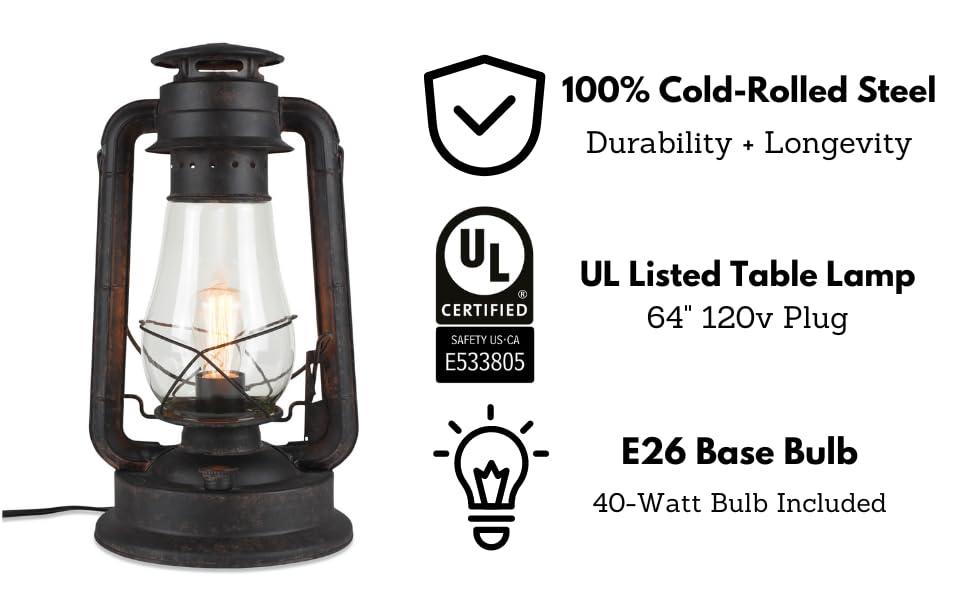 Muskoka Lifestyle Products Rustic Farmhouse Lantern Table Lamp: Dimmable, Edison Bulb, Line Cord Dimmer - Large Body, Rustic Finish, UL USA/ULC Canada Safety Listed USA