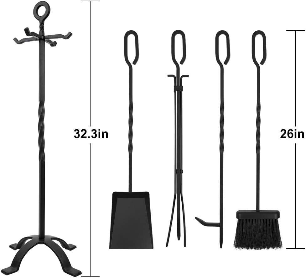 Amagabeli 5 Pieces Fireplace Tools Set Indoor Wrought Iron Fire Set Fire Place Pit Large Poker Wood Stove Log Firewood Tongs Holder Tools Kit Sets with Handles Modern Black Outdoor Accessories Kit