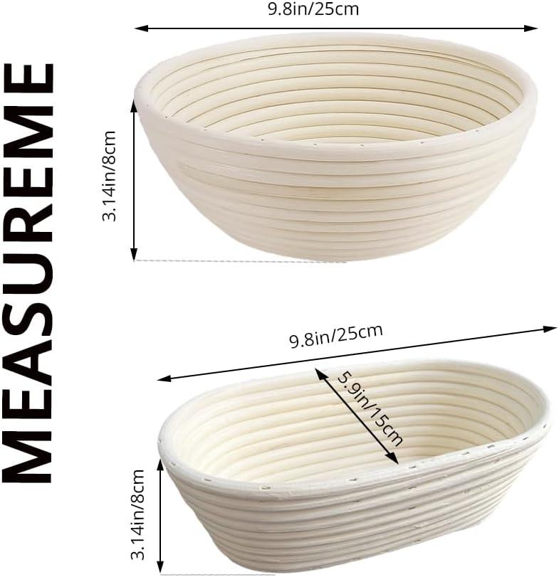 Bread Banneton Proofing Basket Set Of 2, 9 Inch Round & 10 Oval Cane Sourdough Baskets With Lame + Dough Scraper Linen Liner Basting Brush For Making Baking Fermentation