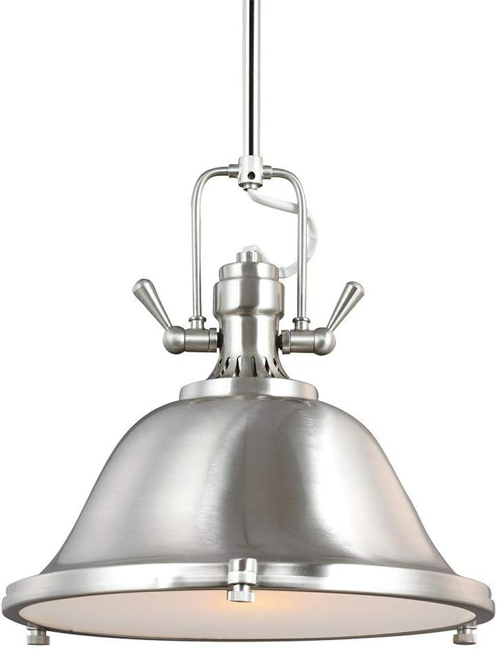 Brushed Nickel Industrial Pendant Light with Satin Etched Glass Shade
