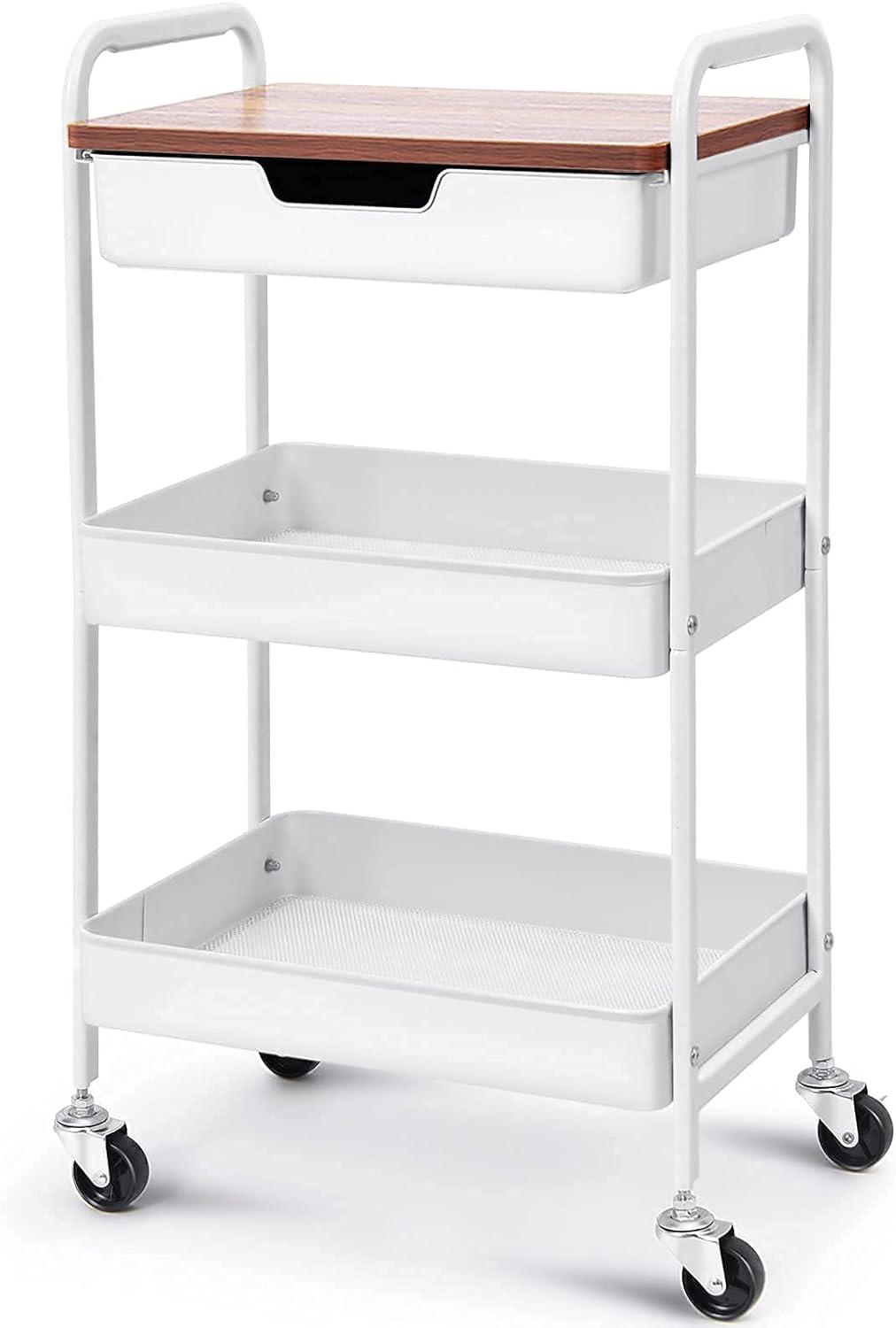 White 3-Tier Metal Utility Rolling Cart with Wooden Top