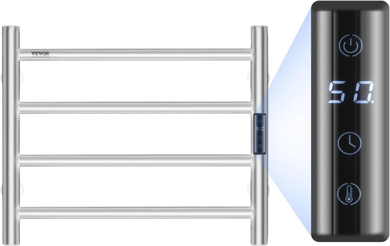 VEVOR 4 Bars Towel Warmer Rack, Wall Mounted Heated Towel Rack for Bathroom, IPX5 Waterpoof Towel Heater Rack with Timer & LED Display Screen, 5 Levels Adjustable Temperature Towel Heater, Silver