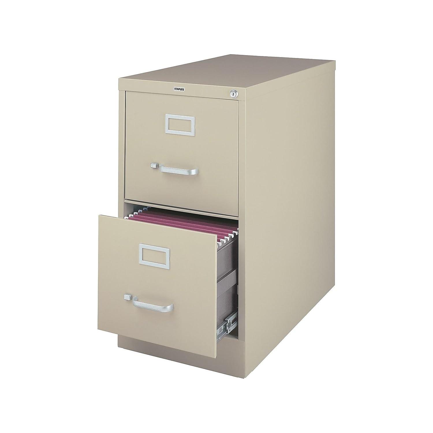 STAPLES 2-Drawer Vertical File Cabinet, Letter Size Documents, Lockable, 26.5" D x 15" W x 28.39" H, Putty/Beige