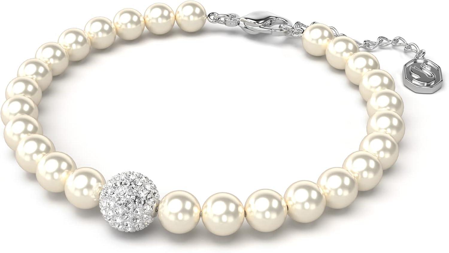 Elegant White Crystal Pearl and Silver Bracelet