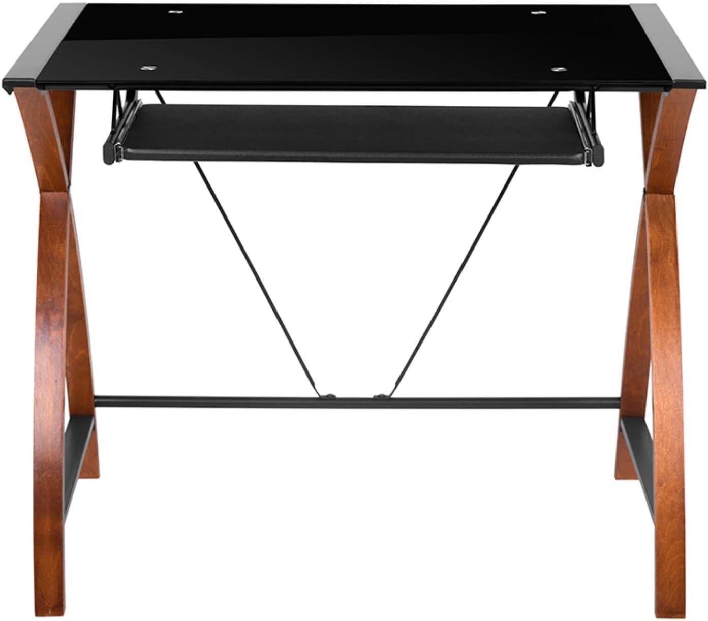 Flash Furniture Black Glass Computer Desk with Pull-Out Keyboard Tray and Crisscross Frame