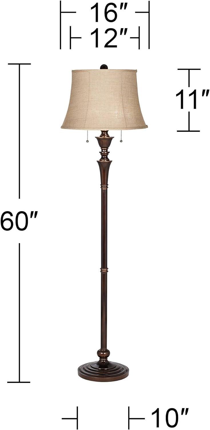 Regency Hill Brooke Rustic Vintage Retro Floor Lamp Standing 60" Tall Rich Bronze Copper Burlap Bell Shade for Living Room Bedroom Office House Home