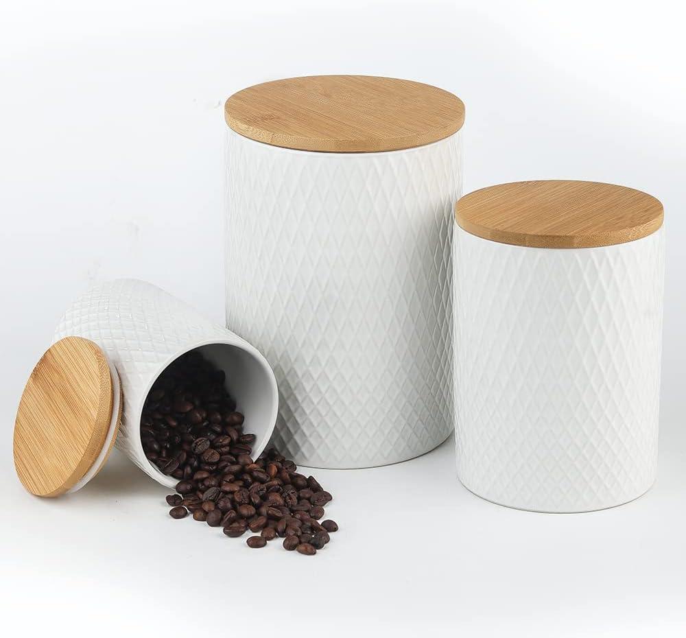 White Honeycomb Ceramic Canister Set with Bamboo Lids