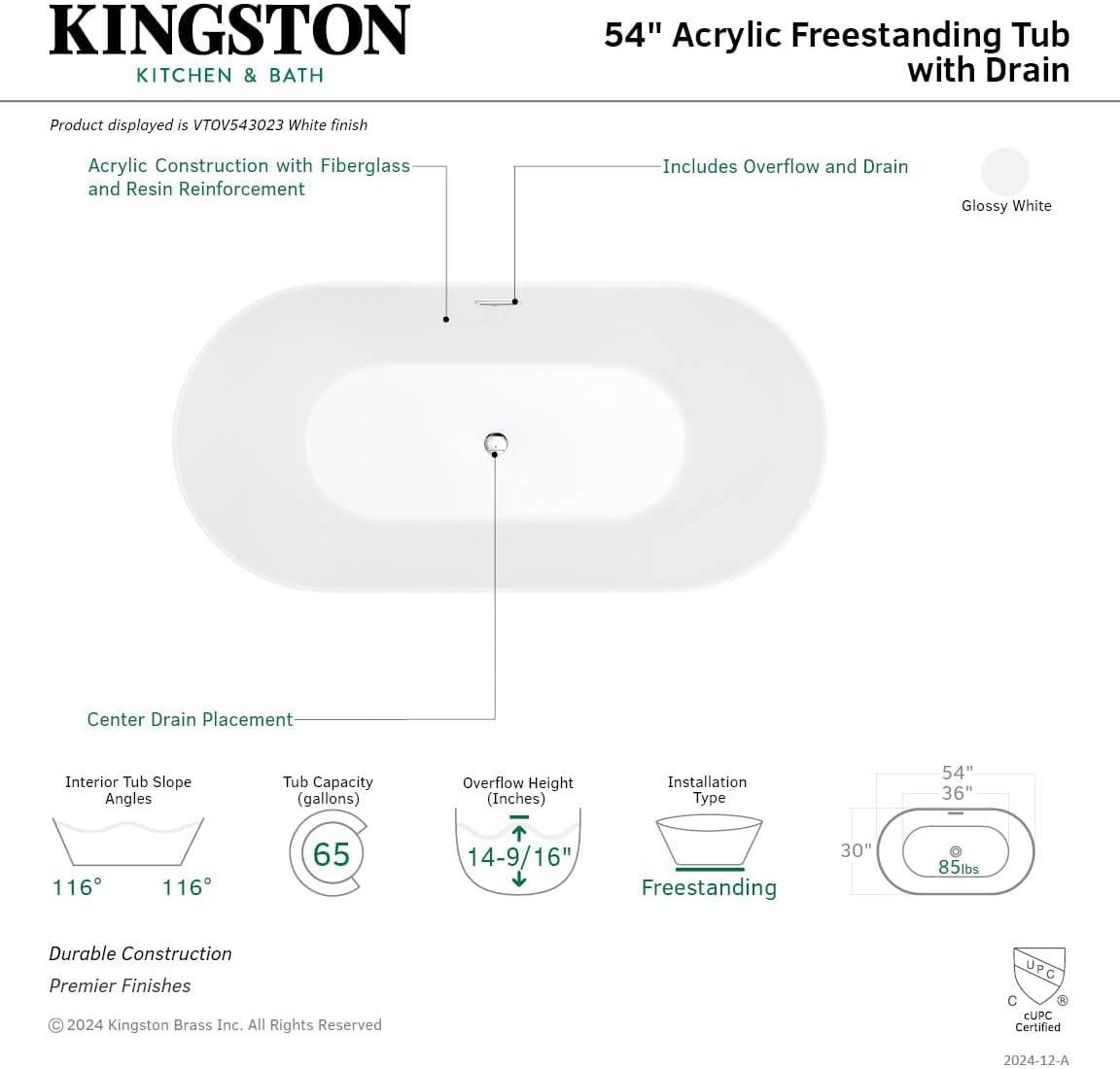 Kingston Brass Aqua Eden 54-Inch Acrylic Oval Double Ended Freestanding Tub with Drain
