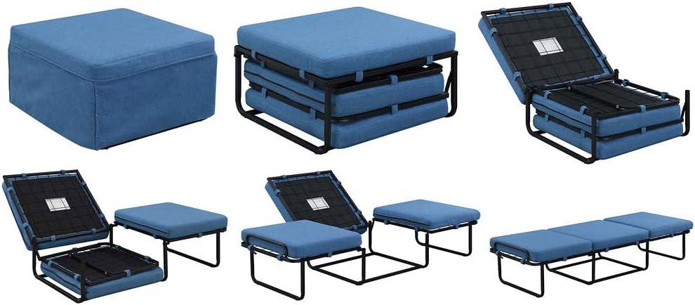 Soft Blue Fabric Convertible Ottoman Twin Bed with Metal Frame