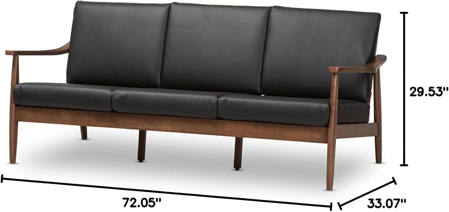 Venza Mid-Modern Walnut Wood Faux Leather 3 Seater Sofa Black - Baxton Studio: Rubberwood Frame, Tufted Back, 700lb Capacity