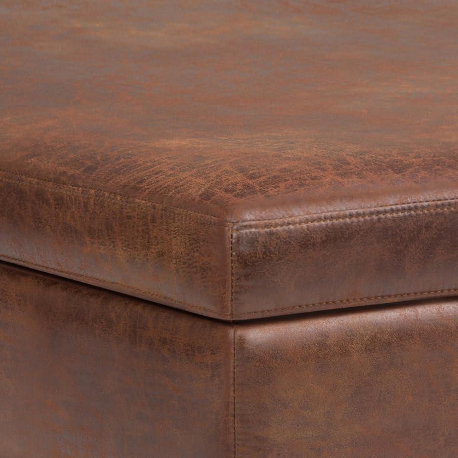 Simpli Home Coffee Table Storage Ottoman In Distressed Saddle Brown Vegan Faux Leather