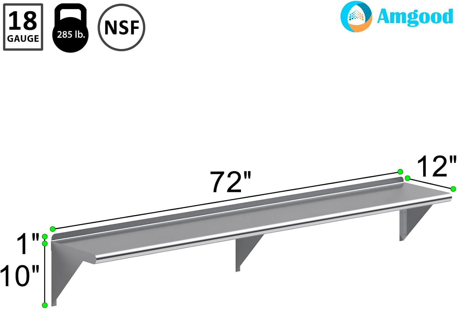 AmGood 12 in. x 72 in. Stainless Steel Wall Shelf | NSF Certified | Appliance & Equipment Metal Shelving | Kitchen, Restaurant, Garage, Laundry, Utility Room