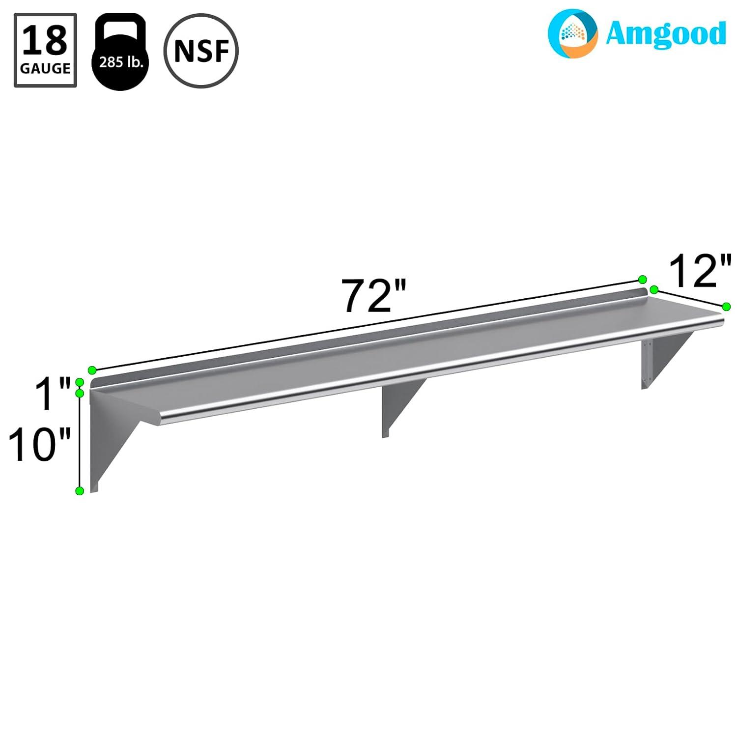 AmGood 12 in. x 72 in. Stainless Steel Wall Shelf | NSF Certified | Appliance & Equipment Metal Shelving | Kitchen, Restaurant, Garage, Laundry, Utility Room