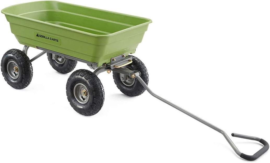 Gorilla Carts 4 Cu Ft Poly Yard Dump Cart and Utility Wagon, with Steel Frame and 600 Pound Heavy Duty Capacity, for Lawn and Gardening, Green