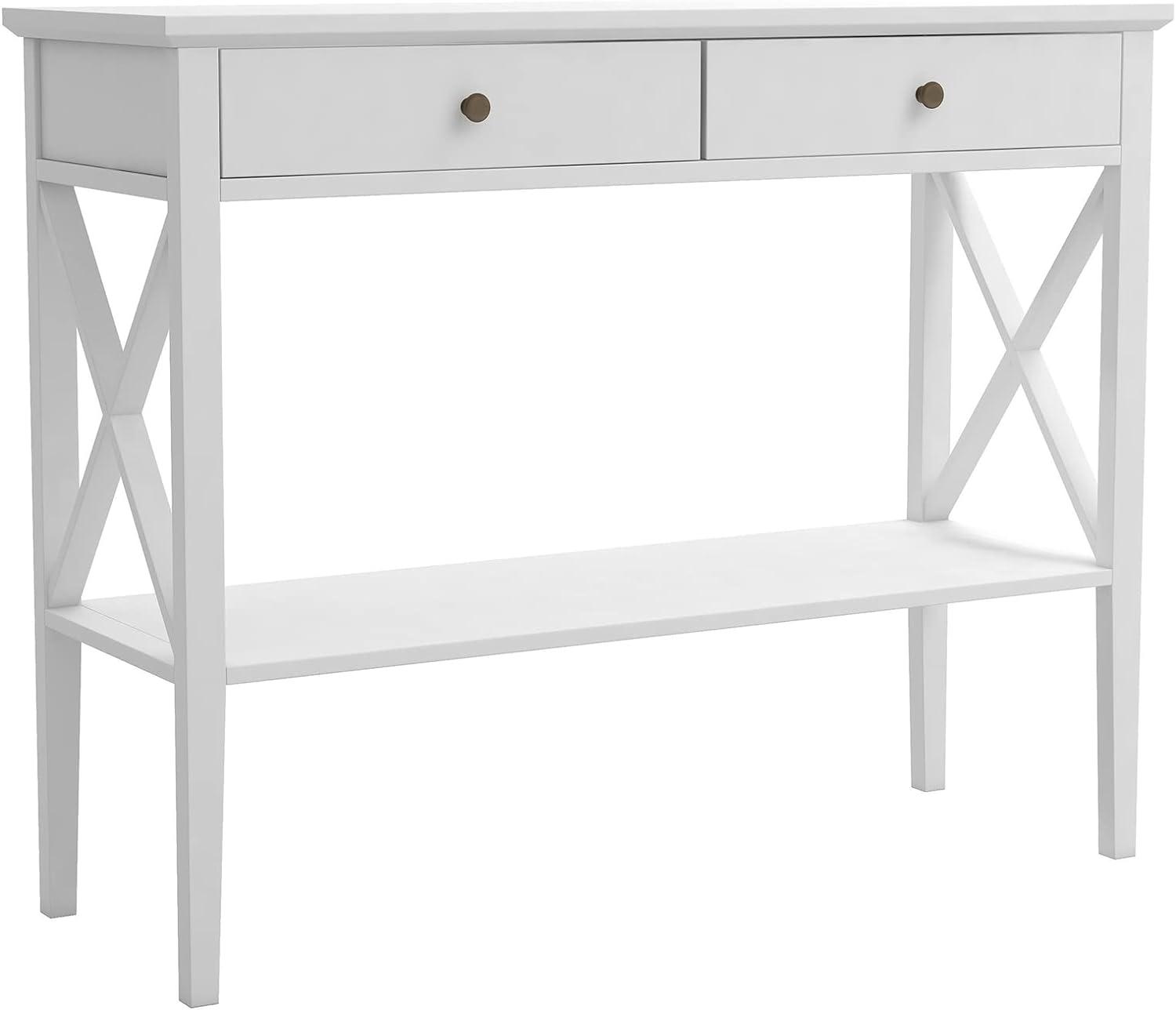 White and Dark Brown Rectangular Console Table with Drawers and Shelf