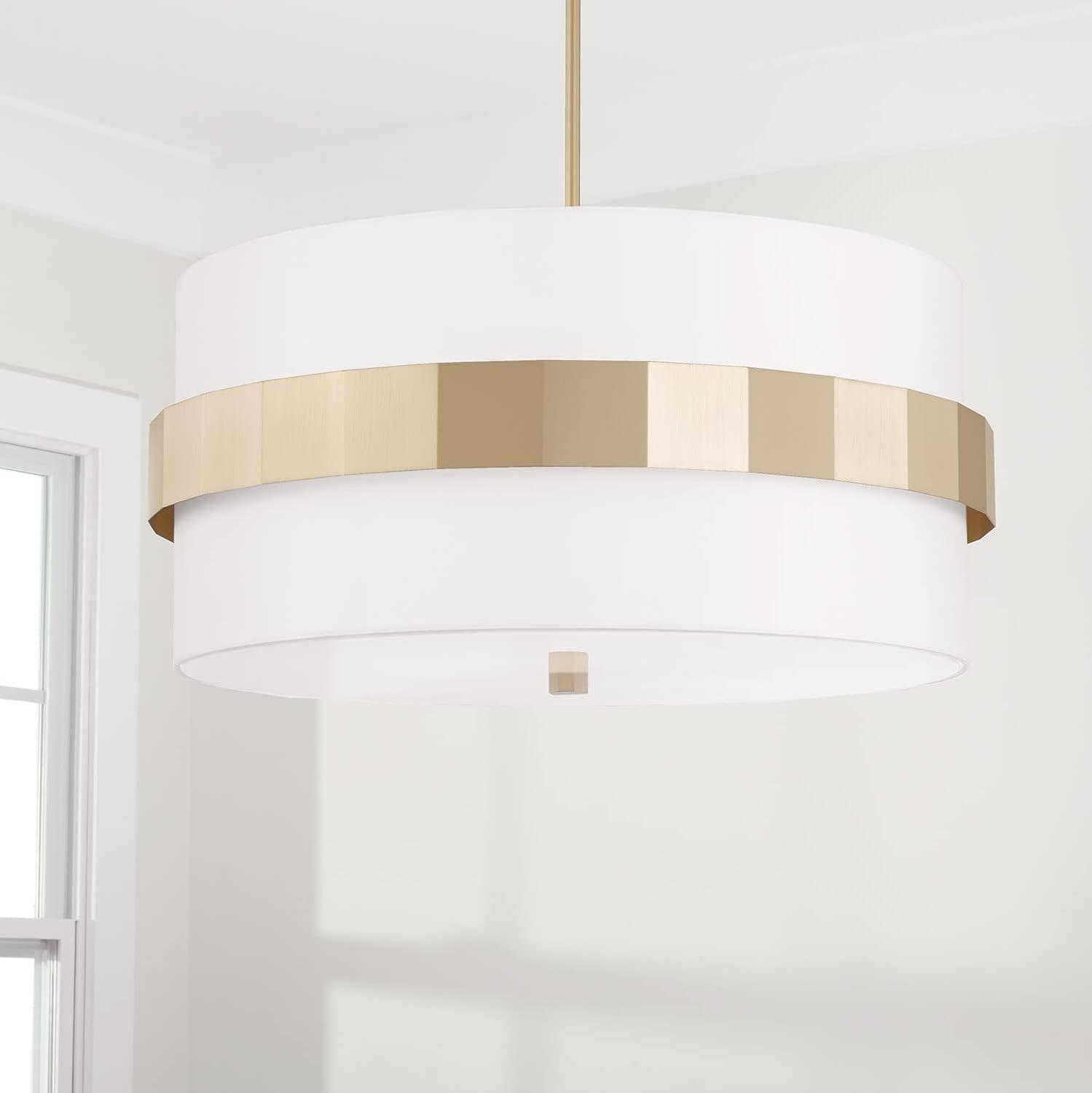 Elegant Soft Gold Drum Pendant with White Fabric Shade