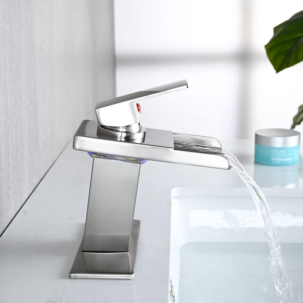 Brushed Nickel LED Waterfall Bathroom Faucet with Pop-Up Drain