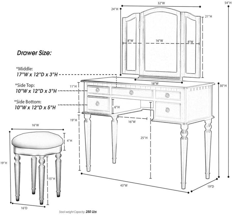 Bobkona St. Croix 3 Fold Mirror Vanity Table with Stool Set, Black