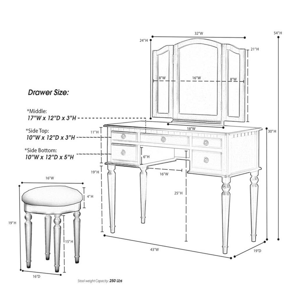 Bobkona St. Croix 3 Fold Mirror Vanity Table with Stool Set, Black