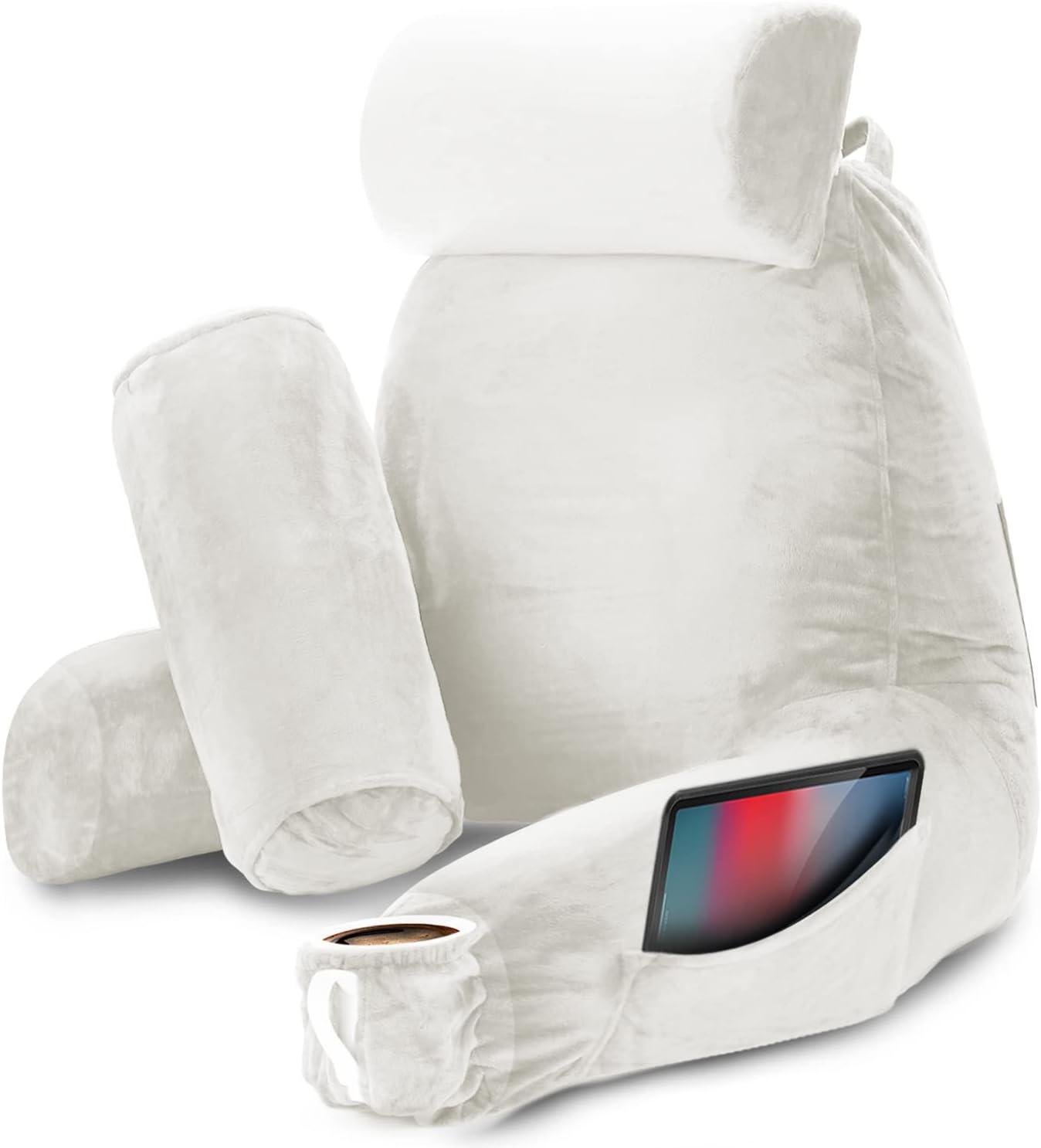 Nestl Reading Pillow with Shredded Memory Foam Includes 2 Neck and Lumber Support Pillows, Designed for Sitting Up in Bed and Couch, Back and Arms Adjustable Support for Adult & Teens, Red