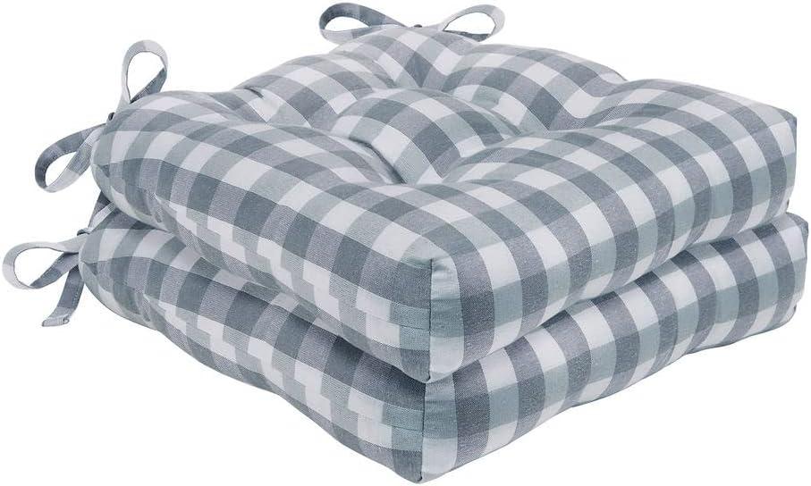 Kate Aurora Set of 2 Country Farmhouse Plaid Stain/Water Resistant Chair Cushions - Gray
