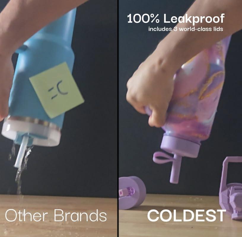 Coldest 40 oz Tumbler with Handle and Straw, 100% Spill Proof Tumbler with Straw (3 Lids), Stainless Steel Insulated Leakproof Tumblers for Women Men, Cup Holder Friendly, 46 oz (Forever Pink Glitter)