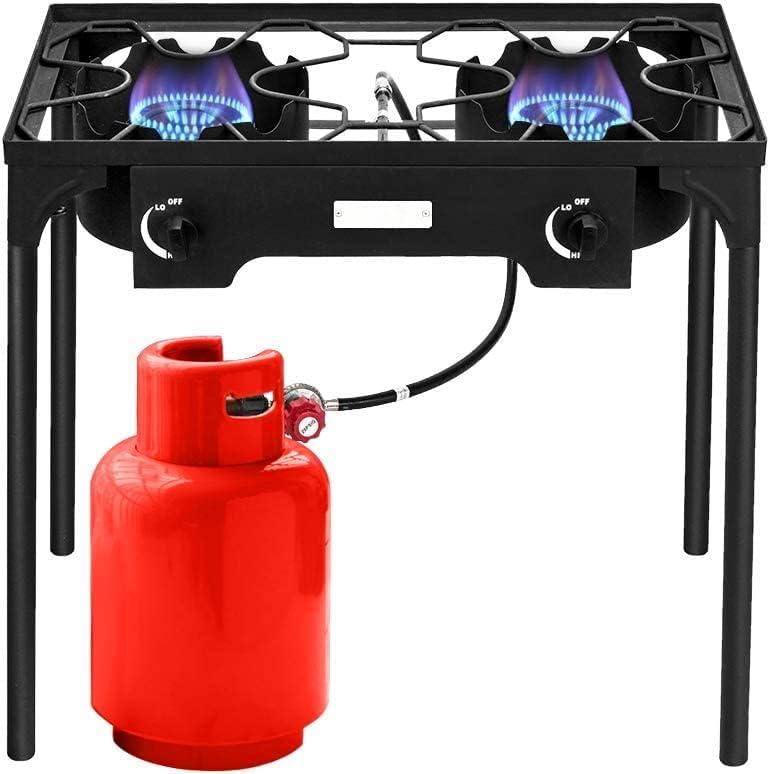 Outdoor Camp Stove High Pressure Propane Gas Cooker Portable Cast Iron Patio Cooking Burner (Three Burner 225000-BTU)