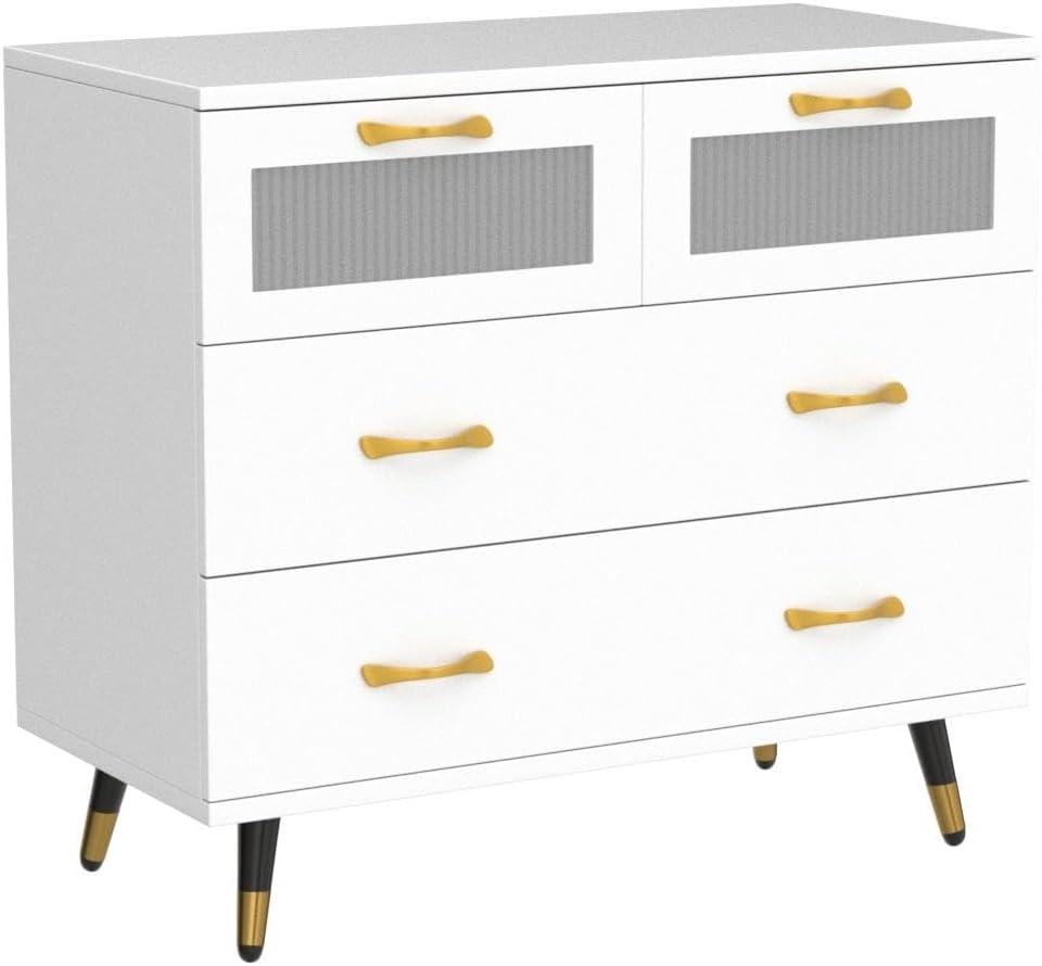 Small White Dresser, Modern Dresser for Bedroom, 4 Drawer Double Dresser with Wide Drawer and Metal Handles, Wood Dressers & Chests of Drawers for Hallway, Entryway.