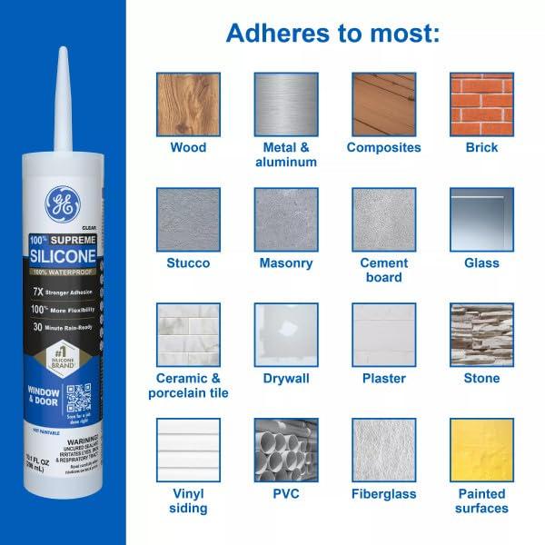 GE Supreme Silicone Window & Door Sealant, Pack of 1, Clear 10.1 fl oz Cartridge