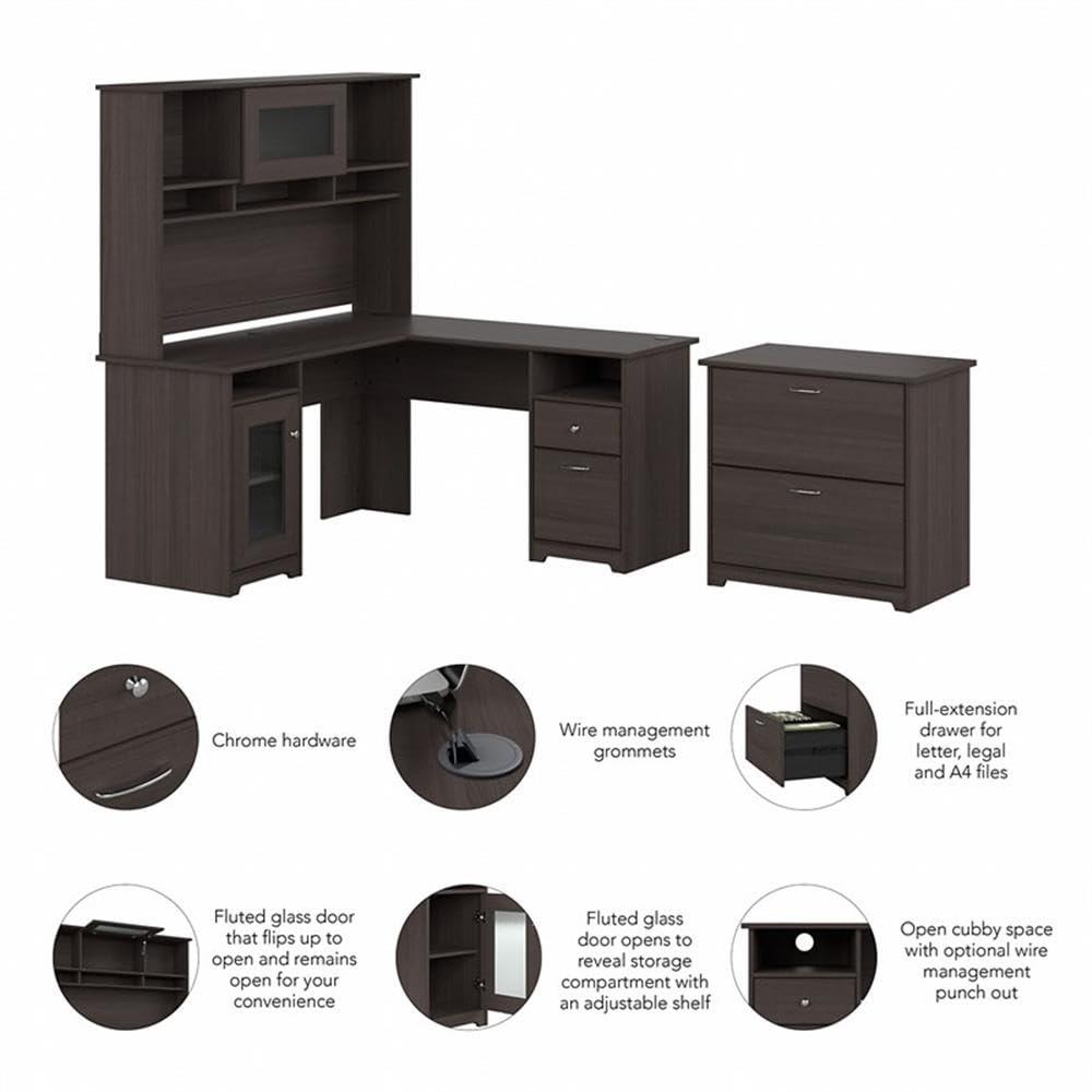 Cabot L Desk with Hutch & File Cabinet in Modern Walnut - Engineered Wood