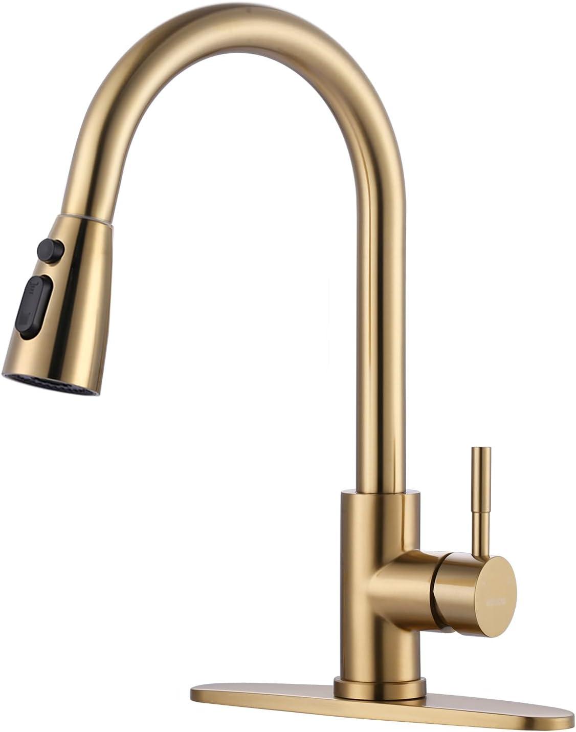 Brushed Gold Stainless Steel High Arc Kitchen Faucet with Pull-out Spray